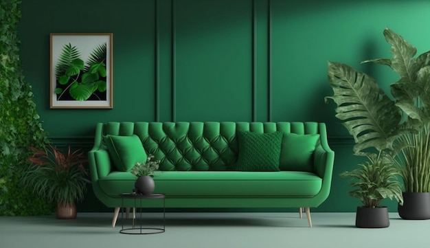 Makieta wnętrza zielona ściana z zieloną sofą i wystrojem w salonie Generative AI