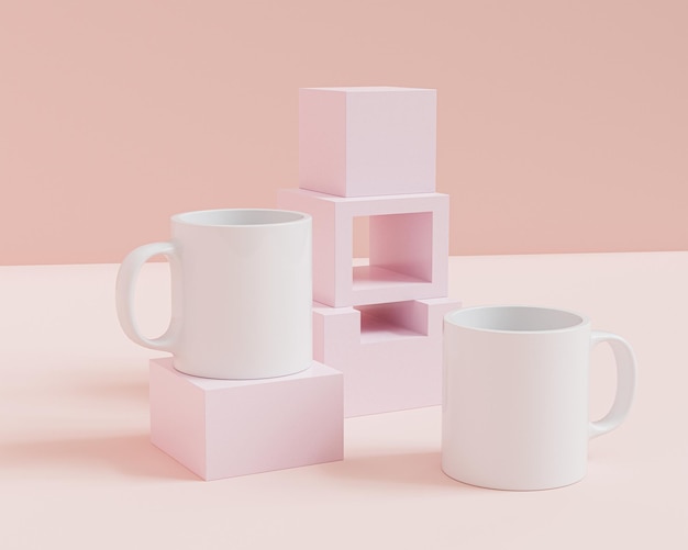 Zdjęcie makieta z białym kubkiem, filiżanką na herbatę lub kawę na różowym tle, pusty szablon do projektowania, brandingu, biznesu. renderowania 3d