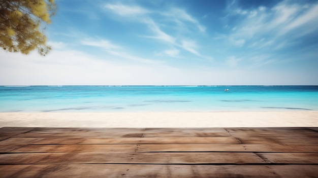 Makieta zdjęcia pustego drewnianego stołu na letniej plaży wygenerowana przez ai