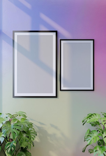 Makieta zdjęcia ramki z niebieskim tle ściany 3d ilustracja renderowania