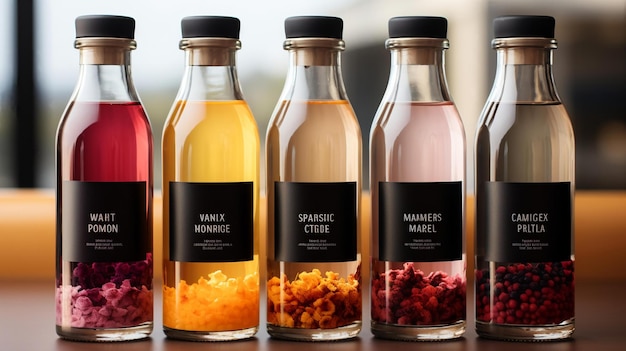 Zdjęcie makieta ze szklanymi butelkami o różnych smakach