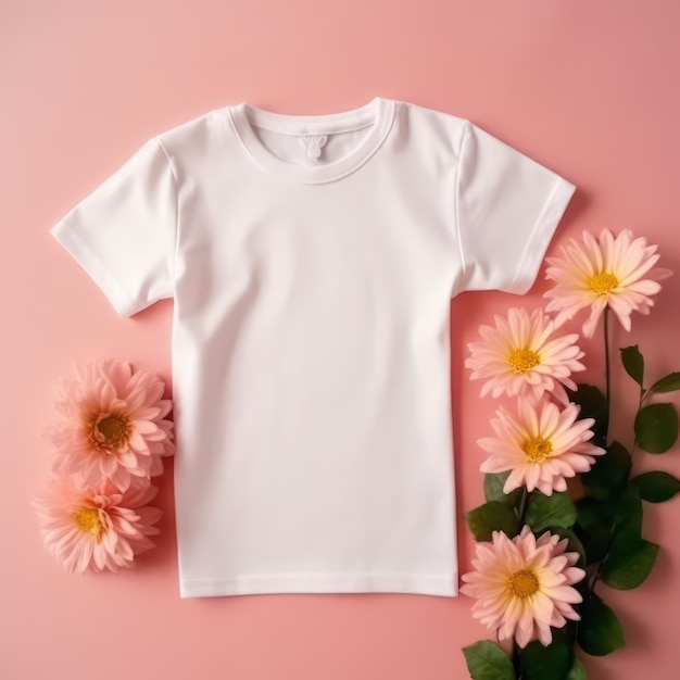 makieta zwykłej białej koszulki dla dzieci różowy kwiat w tle