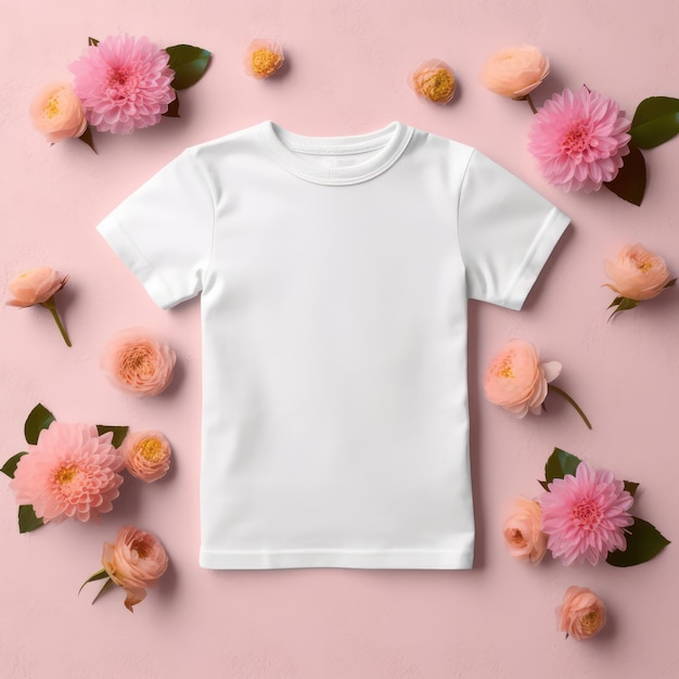 makieta zwykłej białej koszulki dla dzieci różowy kwiat w tle