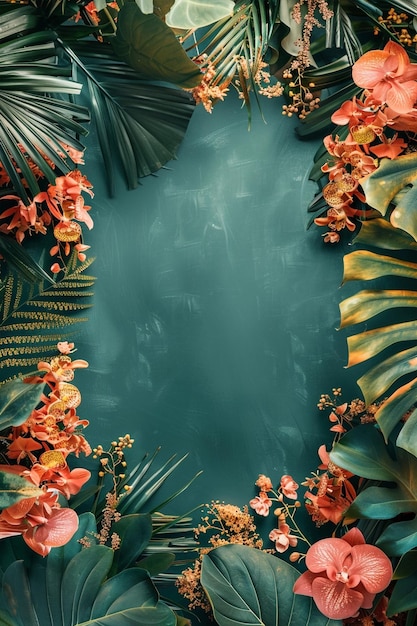 Zdjęcie makietka ramy z tropikalnymi liśćmi, liściami i kwiatami
