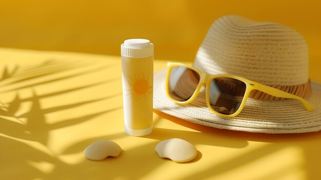 Makietka rury przeciwsłonecznej z okularami przeciwsłońcowymi, kapeluszem panamskim i formami piaskowymi Ochrona przed słońcem dla niemowląt Generatywna sztuczna inteligencja