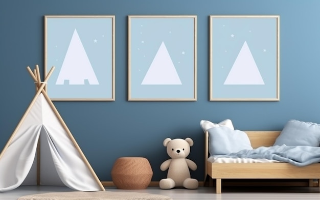 Makiety plakatów w plakatach wnętrz pokoju dziecięcego na pustym niebieskim tle ściany