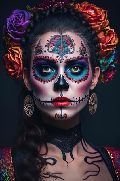 Makijaż Day of the Dead na atrakcyjnej kaukaskiej kobiecie Generative AI