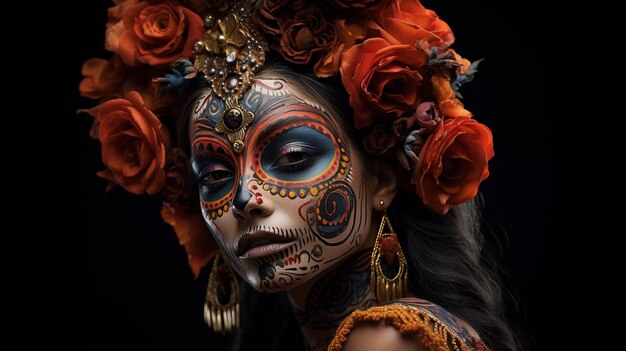 Makijaż twarzy meksykańskiej kobiety na świątecznym surrealizmie Dia de los Muertos