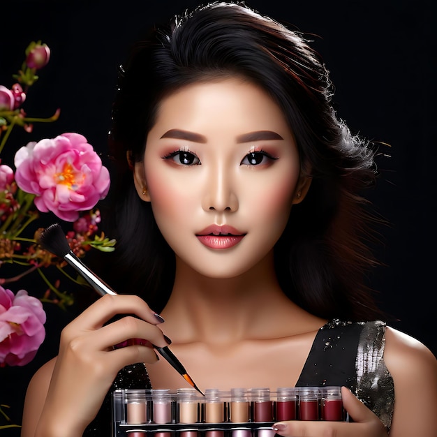Zdjęcie makijażystka nakłada cienie na oczy piękna kobieta z makijażem na twarzy ręka wizerunkowa maluje kosmetyki młodej modelki piękności