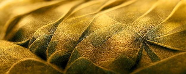 Zdjęcie makro-abstrakcyjne zbliżenie liścia rośliny odsłania jego spektakularne, realistyczne żyły, a także złotą teksturę i kurz cyfrowa ilustracja 3d