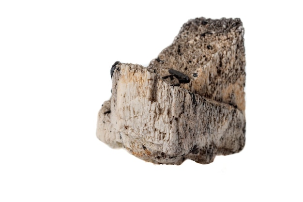 Makro-kamień mineralny Schorl Czarny Turmalin na skaleniu na białym tle