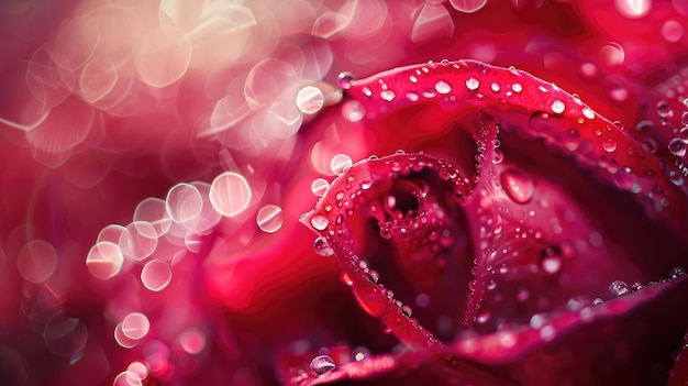 Zdjęcie makro kroplki rosy na żywych, czerwonych płatkach róży