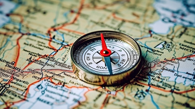 Makro mapy turystycznej z realistycznym kompasem Generative Ai