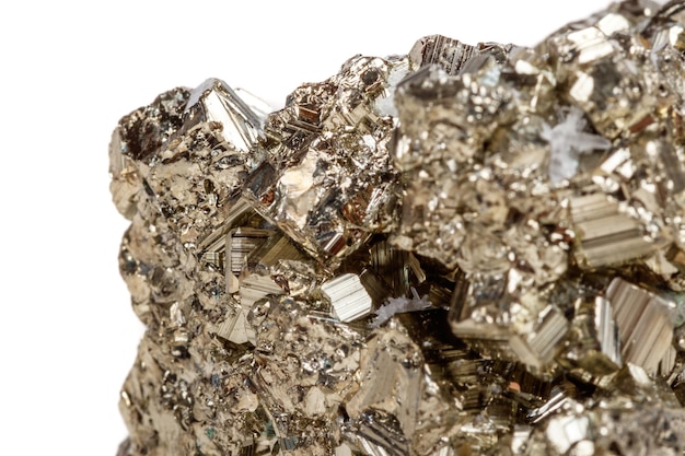 Makro mineralny kamień Piryt złoto na białym tle