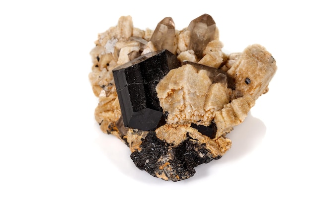 Makro Mineralny Kamień Schorl Czarny Turmalin Na Białym Tle