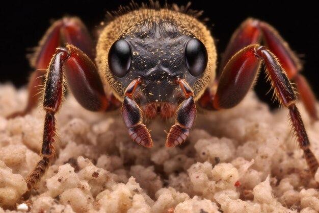 Makro mrówki na piasku na czarnym tle