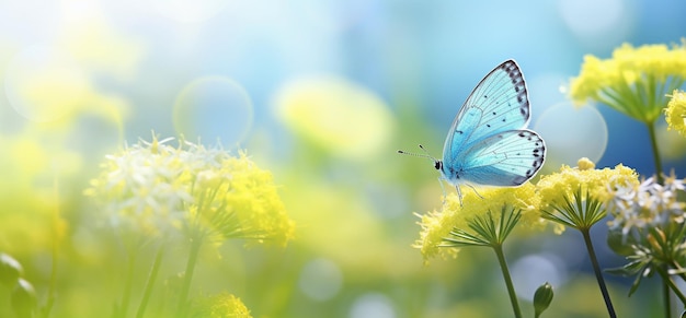 Makro pięknego motyla latającego w pobliżu kwiatów wiosną o wschodzie słońca na jasnym tle Baner
