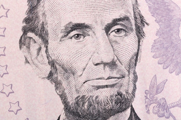 Makro portret Abrahama Lincolna na banknot pięciu dolarów. Zdjęcie w wysokiej rozdzielczości.