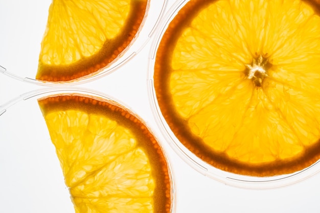 Makro przejrzystych pomarańczowych kawałków oświetlonych od tyłu, pokazujące szczegóły miąższu