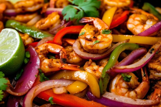 Zdjęcie makro shot of przepyszne krewetki fajitas z grillowaną cebulą i papryką