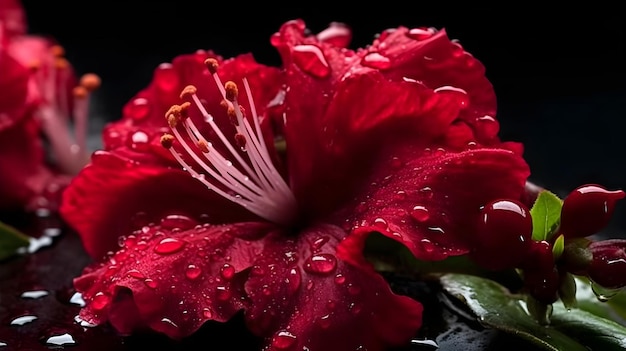 Makro strzał z bliska kwiat czerwonego hibiskusa rosasinensis lub butoczarnej rośliny z kilkoma kroplami wody wyizolowanymi na czarnym tle