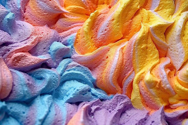 Makro szczegółowe tekstury kolorowych żółtych, niebieskich, fioletowych lodów w tle Słodka tekstura żywności