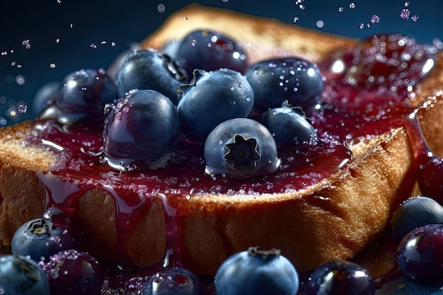 Makro tosty z jagodami przedstawiające świeże śniadanie z Dripping Honey AI Generated