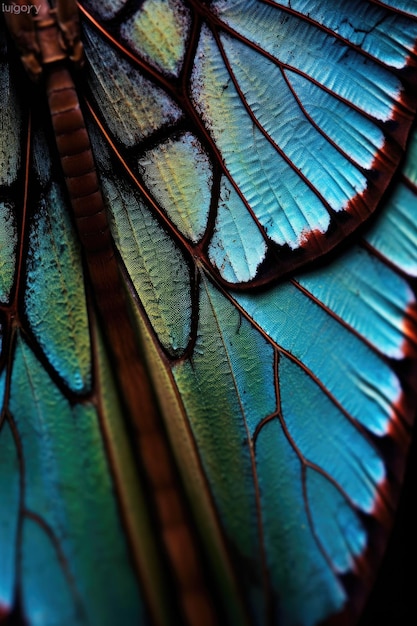 Makro ujęcie skrzydeł motyla ukazujące ich naturalne wzory utworzone za pomocą generatywnej sztucznej inteligencji