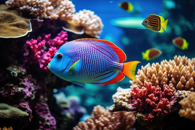 Makro ujęcie żywych ryb tropikalnych pływających w rafie koralowej, prezentujące żywy i zróżnicowany ekosystem wodny