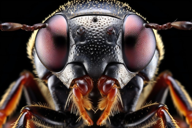 Makro widok głowy pszczoły na czarnym tle