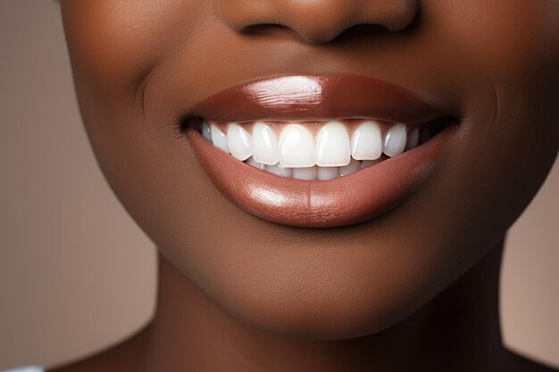 Makro zbliżenie afrykańskiej kobiety z otwartymi ustami pokazującymi doskonałe białe zęby