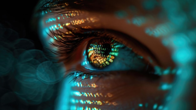 Makro zdjęcie ludzkiego oka z cyfrowym kodem binarnym symbolizującym technologię futurystyczną i sztuczną inteligencję