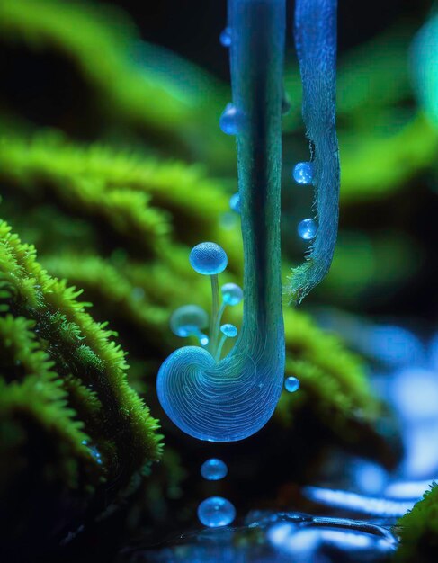 Makro zdjęcie niebieskawego neonowego kiełka grzyba przekazującego wodę na zielonym tle mechu
