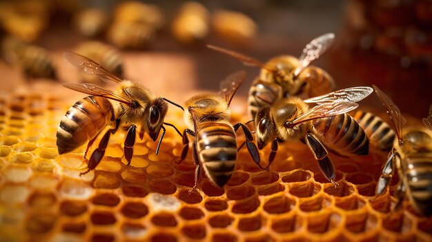 Makro zdjęcie pszczół pracujących na plastrach miodu Pszczelarstwo i produkcja miodu Generacyjna sztuczna inteligencja
