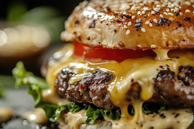 Zdjęcie makro zdjęcie pysznego cheeseburgera z roztopionym ketchupem serowym i tostem z nasionem sezamu