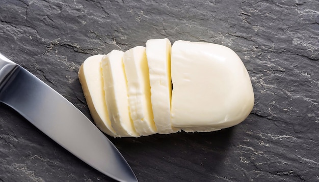Zdjęcie makro zdjęcie seru z pokrojonym serem mozzarella i srebrnym nożem na powierzchni kamienia