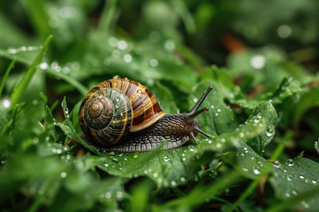 Makro zdjęcie ślimaka na trawie po deszczu