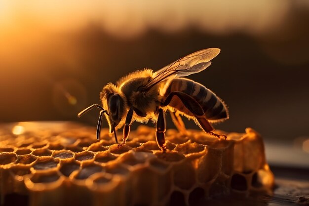 Makro zdjęcie ula pszczół na plastrze miodu z copyspace Pszczoły produkują świeży, zdrowy miód Pszczelarstwo Koncepcja 3D Pszczoła miodna na zachodzie słońca Piękne tło lub tapeta Generative Ai