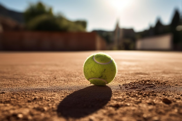 Makro zdjęcie żółtej piłki tenisowej leżącej na brązowym boisku glinianym