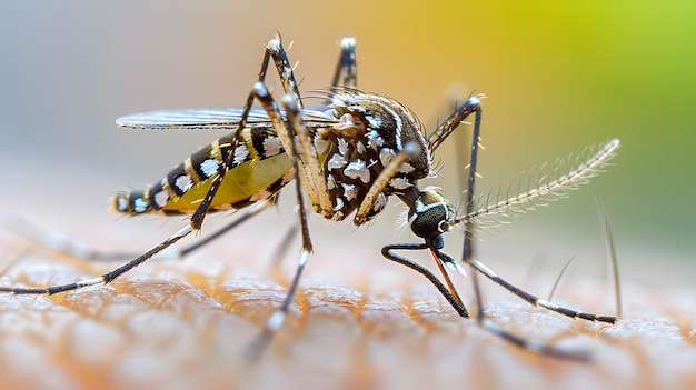 Makrofotografia pokazująca komara, szkodnika na ramieniu osoby