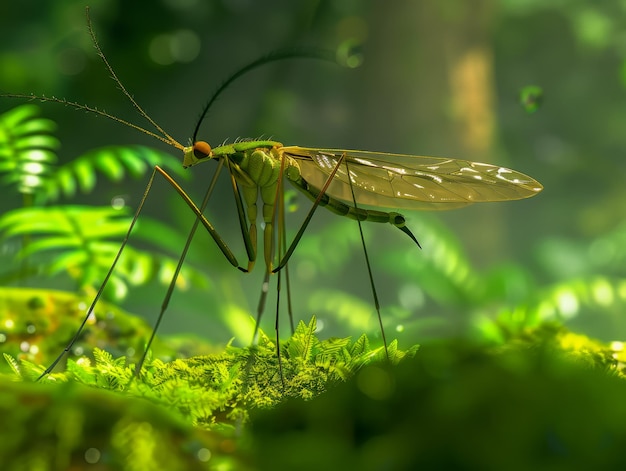 Makrofotografia żurawki w bujnym lesie spoczywającej na mchu pod naturalnym światłem słonecznym