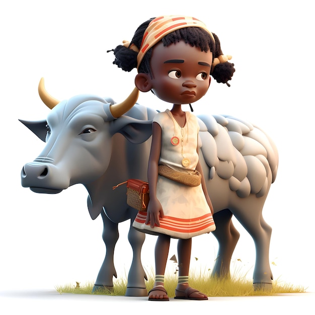 Mała Afroamerykanka i ilustracja 3D bydła