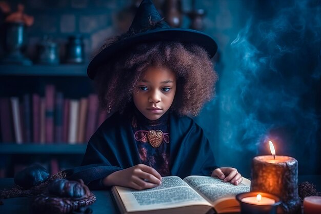 Mała afroamerykańska dziewczyna-czarownica czyta książkę magiczną w bibliotece Halloween koncepcja