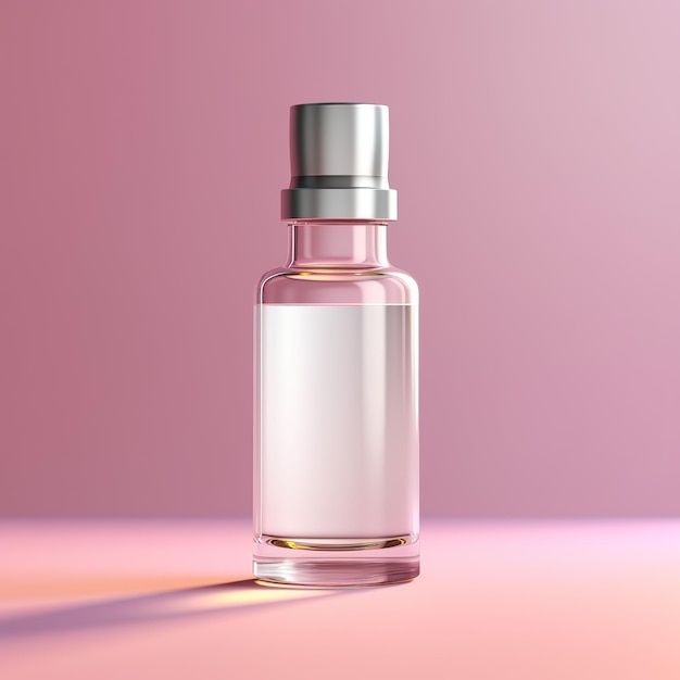 mała biała szklana butelka z metalową pokrywką na serum kosmetyczne na różowym tle do makiety projektu