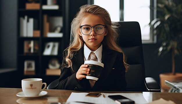 Mała bizneswoman pracująca w biurze pijąca kawę pracoholiczka dziewczyna dziecko szef dużej firmy