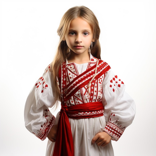 Mała blondynka w vintage retro serbskim ubraniu narodowym portret zbliżenie na białym