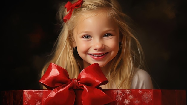 Mała blondynka z szczęśliwym uśmiechem i trzyma swój prezent owinięty w czerwoną wstążkę na niewyraźnym tle