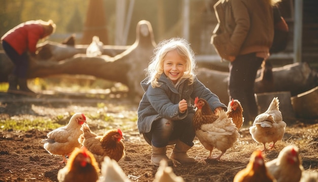 Mała blondynka z warkoczami w spodenkach dżinsowych bawiąca się kurczakiem na farmie Generacyjna sztuczna inteligencja