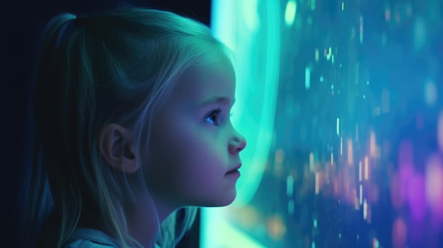 Mała blondynka zastanawiająca się nad holograficzną i futurystyczną technologią z wyostrzonymi i ziarnistymi detalami Generative AI AIG21