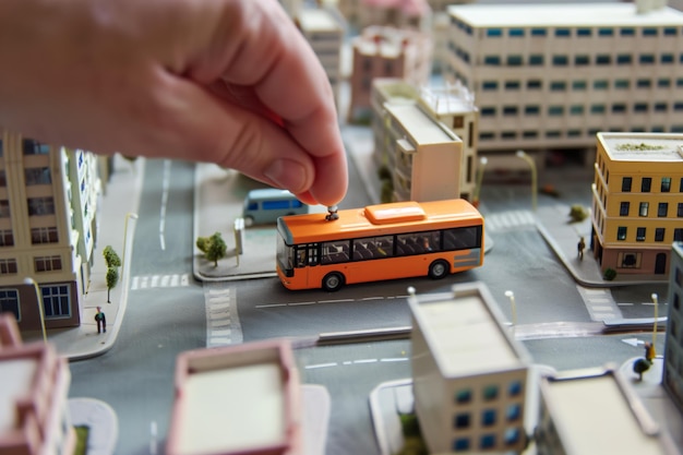 Zdjęcie mała diorama miasta z ręką pozycjonującą mały autobus